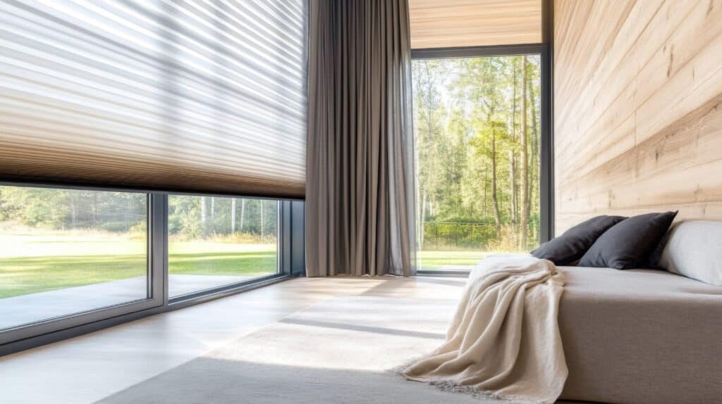 cellular shades and curtains in modern bedroom